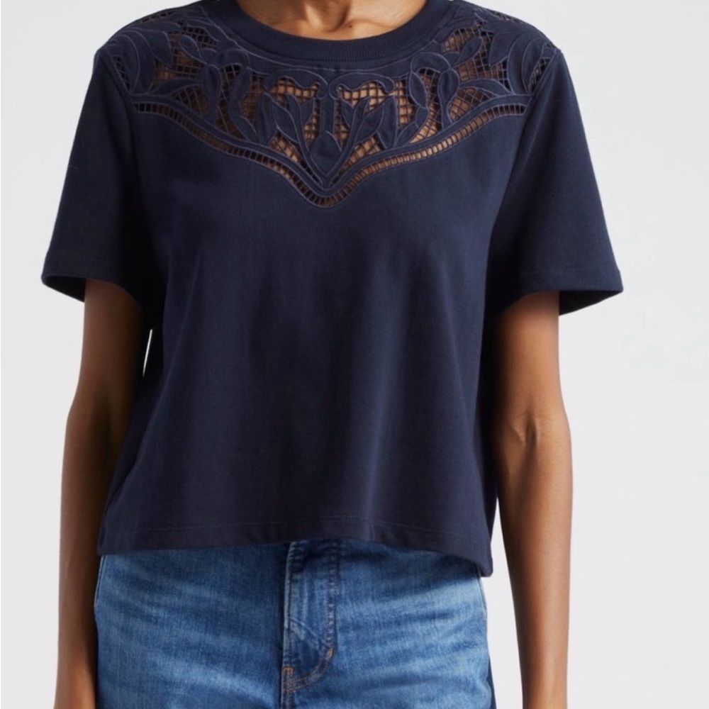 Veronica Beard Monty Geometric Lace T-Shirt crewneck in navy size small